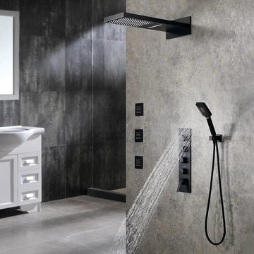 Wall Mounted Waterfall Rain Shower System with 3 Body Sprays in Matte Black